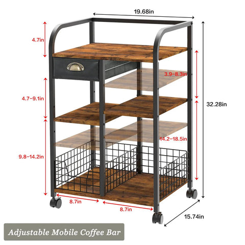 Rustic Wood Coffee Cart With Dope Multi Tier Layout And Slick Brake Lock Wheels For Easy Rolling Serving Station with dimensions shown.
