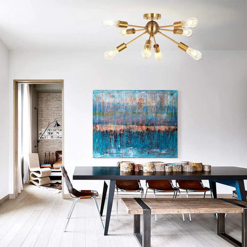8 Light Sputnik Chandelier Brass Semi Flush Mount Ceiling Light Modern Pendant Lighting Mid Century Starburst Style Lit Ambience