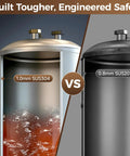 Comparison of milk frothing tanks with 1.0mm SUS304 on left and 0.8mm SUS201 on right; emphasizing durability and safety.