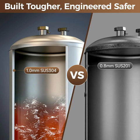 Comparison of milk frothing tanks with 1.0mm SUS304 on left and 0.8mm SUS201 on right; emphasizing durability and safety.