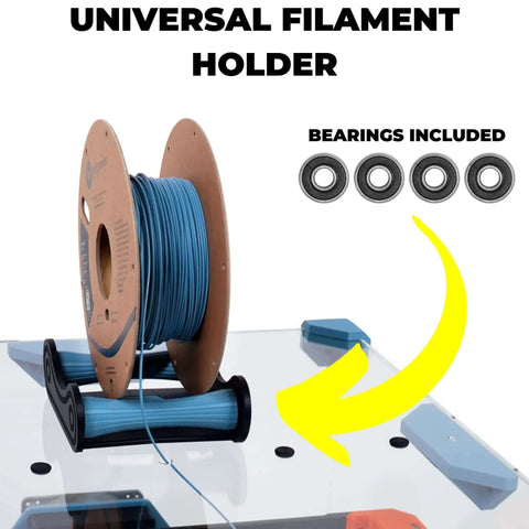 Universal filament holder with spool and bearings included, shown on a clear surface. Enclosure Kit With LED Light For 3D Printers Made To Fit Bambu Lab A1 Mini Prusa MK4 Mini And Ikea Lack Table Includes Twenty Plus Accessory Prints Plug And Play Setup Printed Parts Not Included.