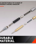 Components of 2 Pack 6 Inch Automatic Center Punch With Adjustable Impact One Hand Operation, made of hardened chrome vanadium.