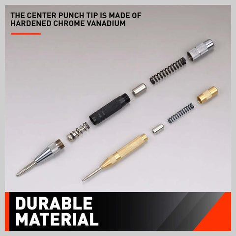 Components of 2 Pack 6 Inch Automatic Center Punch With Adjustable Impact One Hand Operation, made of hardened chrome vanadium.
