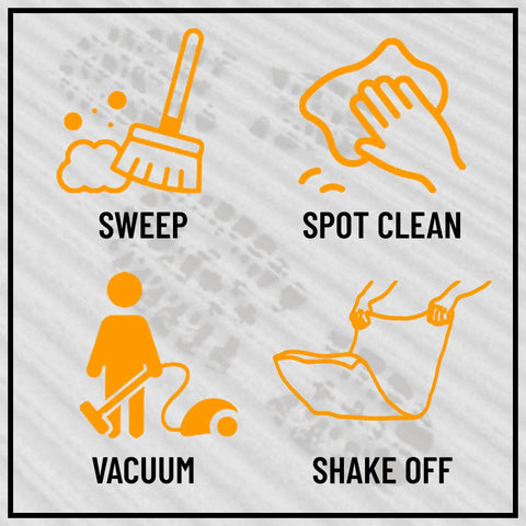Illustrations showing cleaning methods: sweep, spot clean, vacuum, shake off for Non Slip Rug With Scrape Rib Pile For Indoor And Outdoor Use Durable Polyester That Traps Dirt Easy Clean Grippy Ultra Flat And Curl Resistant Black 2 Ft By 12 Ft.