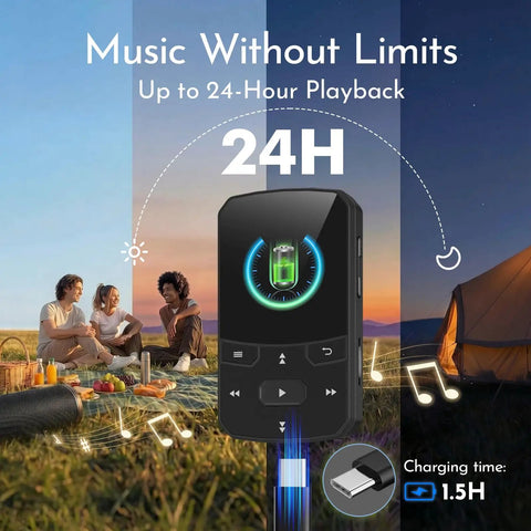 64GB Clip On MP3 Player With Bluetooth 5.3 Auto Reconnect For Running And Gym Workouts next to picnic scene at dusk