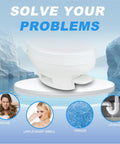 Image of a toilet surrounded by icebergs with text addressing freeze, noise, smell, and leakage issues. Freeze Resistant RV Toilet Water Valve Kit For Aqua-Magic V High And Low RV Toilets Leakage Resistant Easy Install RV Toilet Parts For Smooth Flush Compatible With Multiple Models And Foot Pedal Or Hand Flush Systems