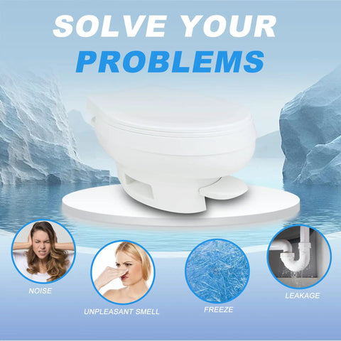 Image of a toilet surrounded by icebergs with text addressing freeze, noise, smell, and leakage issues. Freeze Resistant RV Toilet Water Valve Kit For Aqua-Magic V High And Low RV Toilets Leakage Resistant Easy Install RV Toilet Parts For Smooth Flush Compatible With Multiple Models And Foot Pedal Or Hand Flush Systems