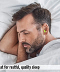 Man sleeping with Snore Blockers Soft Foam Earplugs 100 Pairs in a Tub Individually Wrapped High NRR 32 dB SNR 37 dB for quiet rest