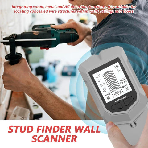 Person using a Stud Detectorstud Finder Depth Recognition LCD Display Audio Alarm on wall, scanning for electrical wiring.