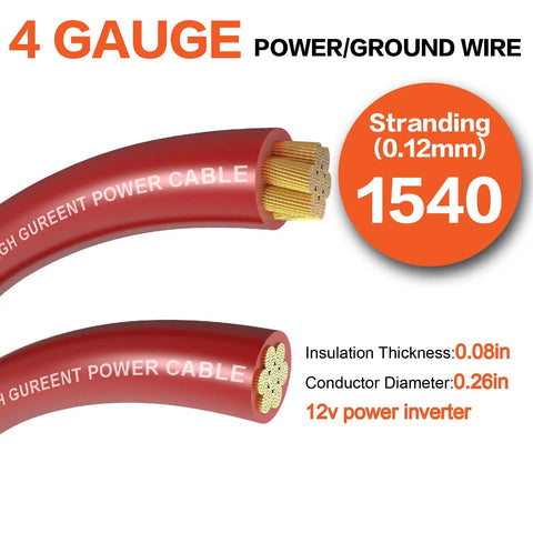 Heavy Duty 4 Gauge Car Audio Wire Kit 25ft Red And Black CCA Copper Clad Aluminum Power And Ground Cable With 20 Lugs Connectors And 20 3 To 1 Heat Shrink Tubing For Amp Install, red wire close-up