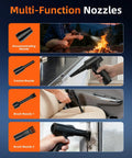 Image showing multi-function nozzles for 130,000 RPM Electric Air Duster With LED Light, being used outdoors and in a car.
