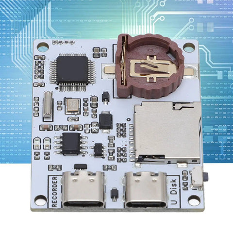 Plug And Play Serial Data Logger That Acts As A Nifty Usb To Memory Card Recorder Featuring Dual Type C Ports Onboard Rtc Clock Cr1220 Backup Battery Smooth Up To 128gb Storage And Seamless Timestamp Txt File Archiving Slick Build Quality close-up view of the circuit board showing CR1220 battery slot and USB C ports.