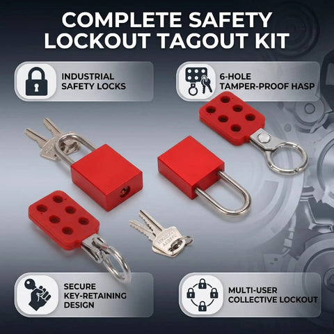 Heavy Duty Industrial Safety Lockout Tagout Kit With Tamper Proof Hasp And Six Hole Interlocking System, red padlocks and keys shown