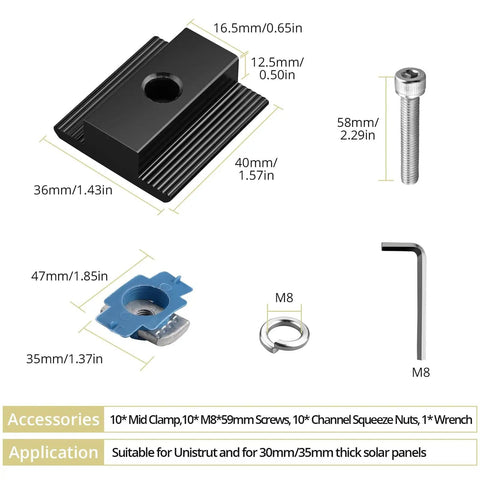 Diagram of the 10 Pack Solar Panel Mid Clamps For Unistrut Aluminum Mounting Brackets 30mm And 35mm Fits Metal Tin Flat Sheet Roofs Black Easy Install DIY Friendly For Quick Solar Array Setup showing dimensions and included hardware.