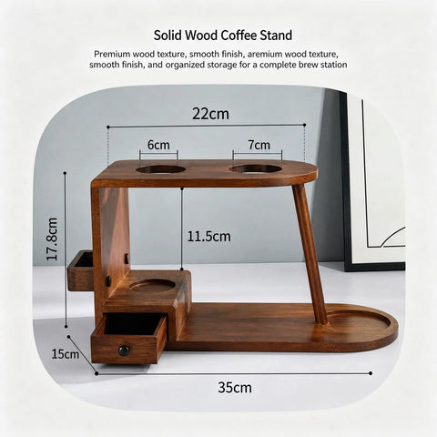 Next Level Pour Over Coffee Station And Complete Eight Piece Brewing Kit With Gooseneck Kettle Manual Ceramic Burr Grinder Large Glass Server And Solid Wood Rack shown from an angle with dimensions.
