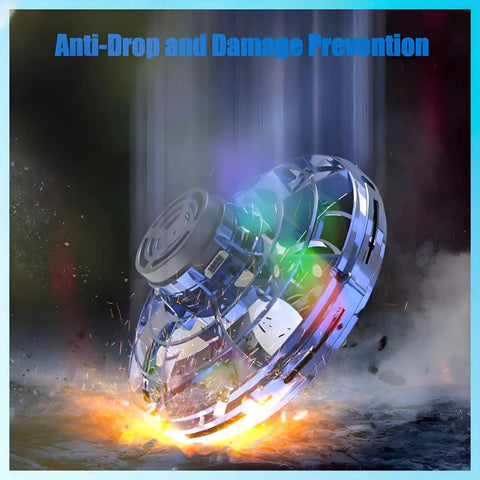 Hand Operated Mini Drone Orb With LED Lights UFO Magic Flying Spinner Toy in action, glowing on impact