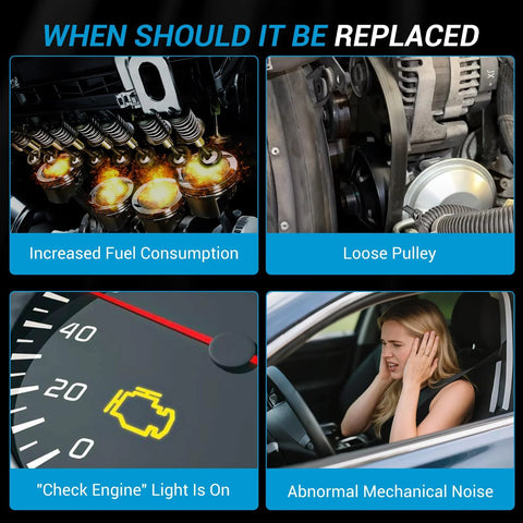 Brake booster vacuum pump infographic: increased fuel consumption, loose pulley, check engine light, abnormal noise