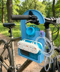 Pump Holder For Enteral Feeding Pump No Tools Needed Snap Fit 3D Printed Carrier Stand attached to a bicycle handlebar in a park.