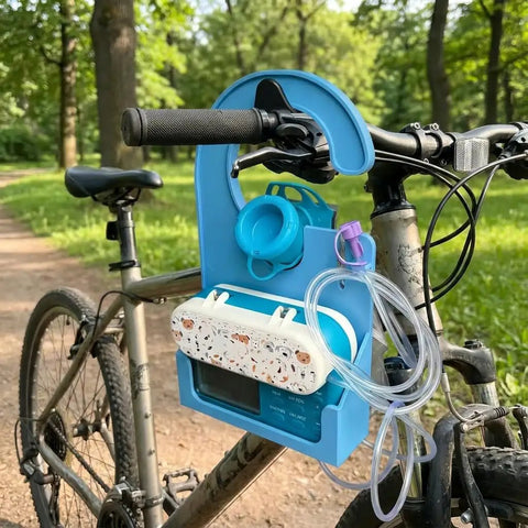 Pump Holder For Enteral Feeding Pump No Tools Needed Snap Fit 3D Printed Carrier Stand attached to a bicycle handlebar in a park.