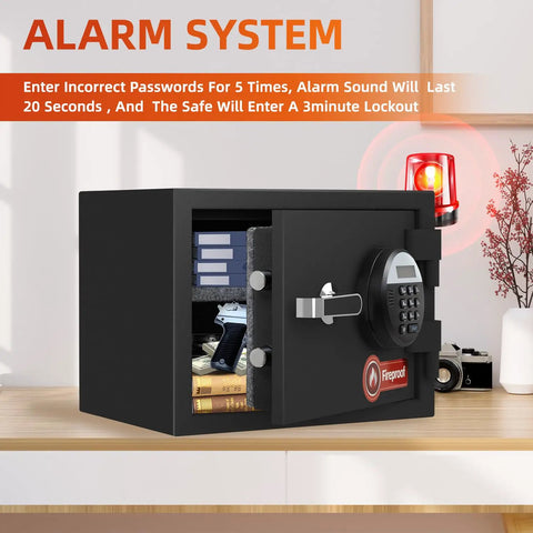 Front view of the 1.2 Cubic Feet Fireproof Safe Box With Digital Keypad Alarm System For Home And Office Use Protecting Money Jewelry Documents And Valuables Removable Shelf Heat Activated Door Seal Fire Resistant 30 Minutes At 1400 Degrees Fahrenheit on a wooden surface with open door showing contents inside.