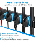 Close-up of Vertical Wall Mounted Fishing Rod Holder Rack For Up To 9 Rods Or Combos with blue clips, holding rods securely.