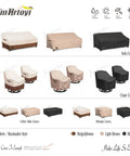Illustration of various outdoor furniture covers in beige, brown, and black by JinHrovi, including sofa and chair covers.