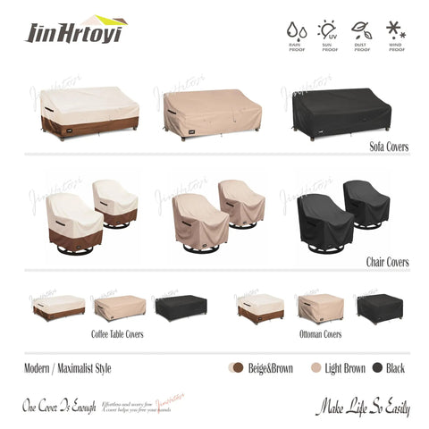 Illustration of various outdoor furniture covers in beige, brown, and black by JinHrovi, including sofa and chair covers.