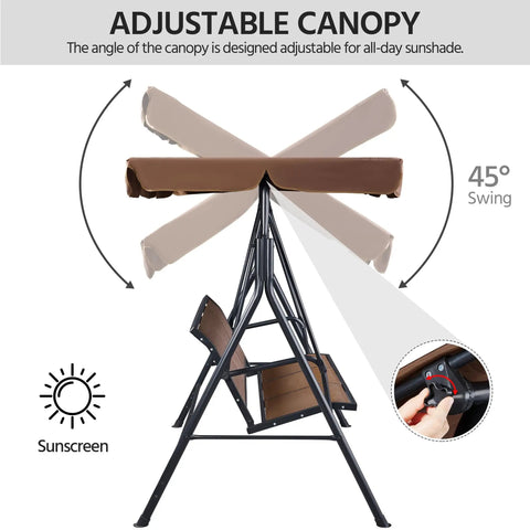Three Seat Outdoor Porch Swing With Adjustable Canopy, Armrests And Included Stand, showing canopy adjustment mechanism.