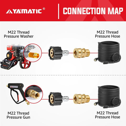 YAMATIC M22 to 3/8 inch quick-connect pressure washer adapter set; brass fittings, black hose, 5 pcs