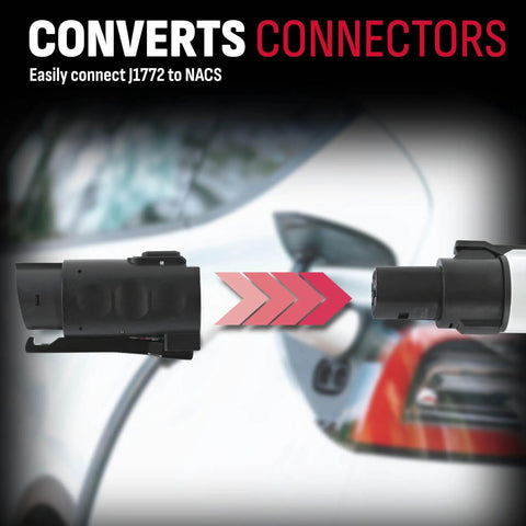 NACS To J1772 EV Charger Adapter For Level 1 And Level 2 Charging, 80 Amps At 250 Volts, connecting to car port.