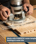 Clear Acrylic Router Base Plate With Centering Pin And Predrilled Letter Marked Holes Six And A Half Inch By Five Sixteenths Inch Thick Includes Screws Ready To Install in use with POWERTEC router on wood