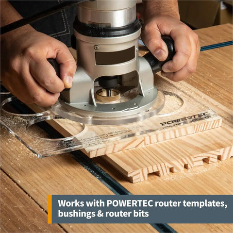 Clear Acrylic Router Base Plate With Centering Pin And Predrilled Letter Marked Holes Six And A Half Inch By Five Sixteenths Inch Thick Includes Screws Ready To Install in use with POWERTEC router on wood