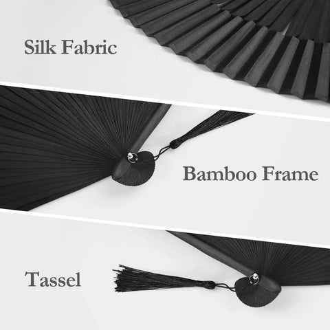 Close-up details of Black Hand Fan For Stage And Rave Dancers With Elaborate Design And Satisfying Snap Clack showing silk, bamboo, tassel.