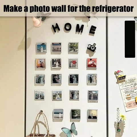 DIY Photo Fridge Magnet Supplies Kit, Square Magnetic Maker Set display on refrigerator with home decor theme