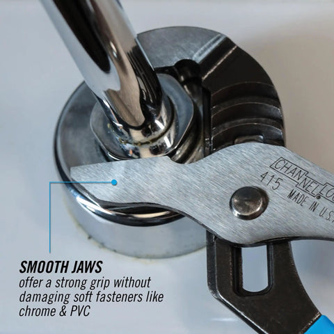 Close-up of Tongue And Groove Pliers 415 With Smooth Jaw Non Marring Grip High Carbon Steel 10 Inch gripping a pipe