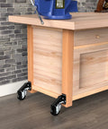 Heavy Duty Retractable Workbench Casters Set Of 4 Side Mount 3 Inch Stepdown Castor Wheels installed on wooden bench