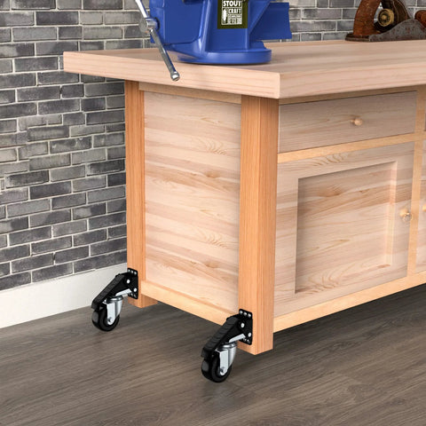 Heavy Duty Retractable Workbench Casters Set Of 4 Side Mount 3 Inch Stepdown Castor Wheels installed on wooden bench
