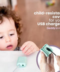 Kid Friendly USB Charger Covers 6 Pack Dusty Aqua, Child Resistant Cord Tip Enclosures For Standard USB Cables, Ideal For Nightstands, Sofas, Kitchen Counters, shown with child.