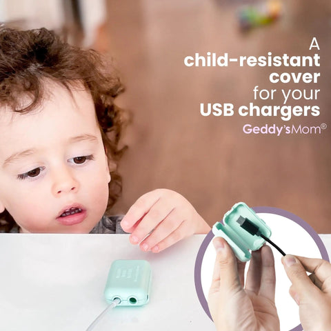 Kid Friendly USB Charger Covers 6 Pack Dusty Aqua, Child Resistant Cord Tip Enclosures For Standard USB Cables, Ideal For Nightstands, Sofas, Kitchen Counters, shown with child.