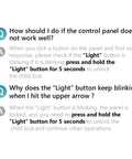 Straight Up Solid Commercial Ice Maker Makes 120 Lbs Daily Under Counter Design With A 33 Lb Storage Bin And Easy Water Filter Setup For House Parties That Gonna Run Super Chill control panel troubleshooting guide screenshot with Q&A about the Light button.