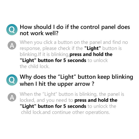 Straight Up Solid Commercial Ice Maker Makes 120 Lbs Daily Under Counter Design With A 33 Lb Storage Bin And Easy Water Filter Setup For House Parties That Gonna Run Super Chill control panel troubleshooting guide screenshot with Q&A about the Light button.
