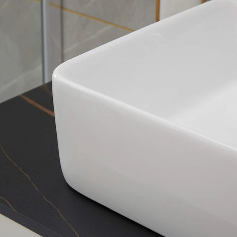 Rectangle Vessel Sink With Pop Up Drain Included For Above Counter Bathroom White Porcelain Ceramic Vanity Basin 14.6 X 18.9 X 5.2 Inches Without Faucet Hole