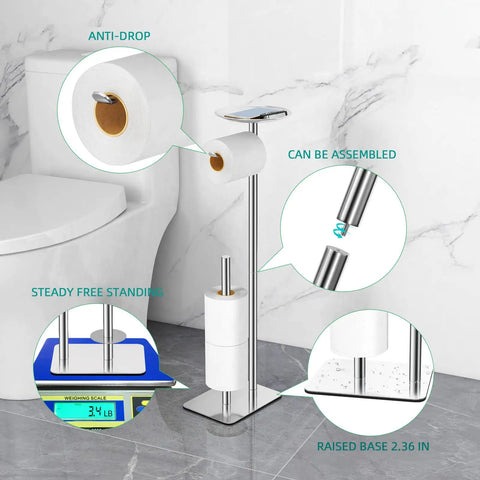 Floor Standing Toilet Paper Holder Dispenser With 4 Roll Capacity And Top Storage Shelf For Phone Wipes Wallet And More In Stainless Steel Chrome Finish Rustproof And Stable Easy Access No Fuss