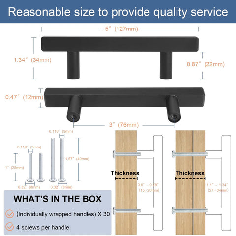 Matte Black Square Cabinet Handles Set Of 30 5 Inch Length Drawer Pulls with 3 Inch Center to Center, installation guide