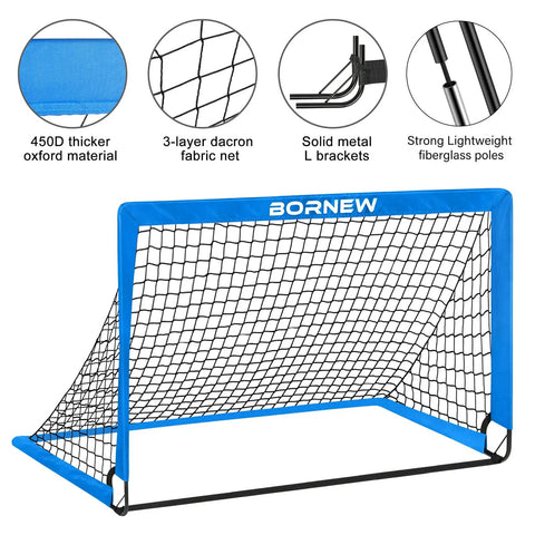 Two Pop Up Kids Soccer Goals For Backyard Practice Set with 450D oxford and dacron net, showing frame and materials