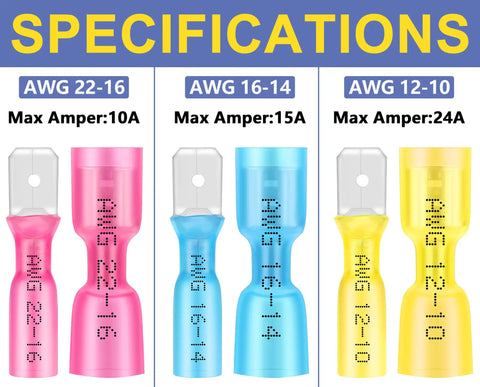 Dope Blue Heat Shrink Spade Connectors Kit 200PCS AWG 16 14 male and female quick disconnects specification chart
