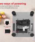 Bottom view of Waterproof Digital Kitchen Scale with large stainless steel pan, showing power options and feet for stability.