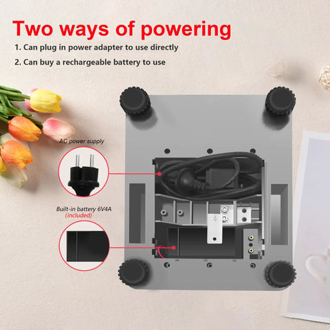 Bottom view of Waterproof Digital Kitchen Scale with large stainless steel pan, showing power options and feet for stability.