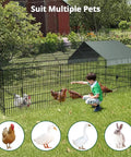 Weatherproof Outdoor Chicken Coop With Heavy Duty Cover, 130 Inch By 40 Inch, metal pen with child and chickens in backyard