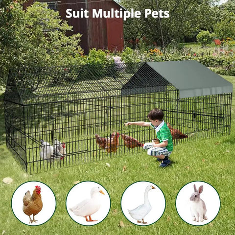 Weatherproof Outdoor Chicken Coop With Heavy Duty Cover, 130 Inch By 40 Inch, metal pen with child and chickens in backyard